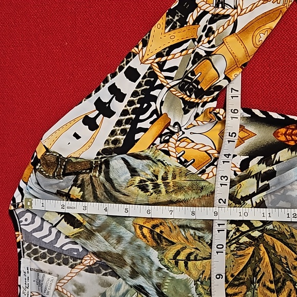 ELYSSE 26 equestrian feathers straps animal print top tunic brown green Sm. EUC - Picture 5 of 9